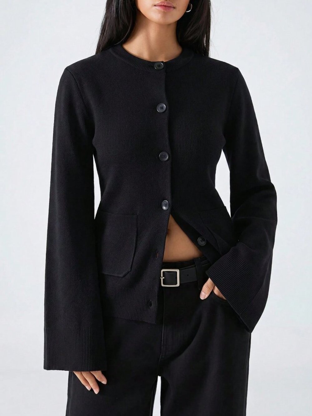 Black Casual Women's Slim Fit Office Minimalist Pocket Button Cardigan - Picture 6 of 7